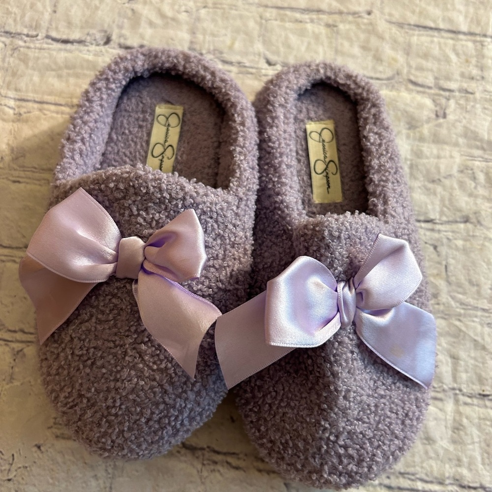 JESSICA SIMPSON PLUSH SLIDE BOW ANTI SLIP FUZZY CLOGS GIRLS SLIPPERS L(2-3)